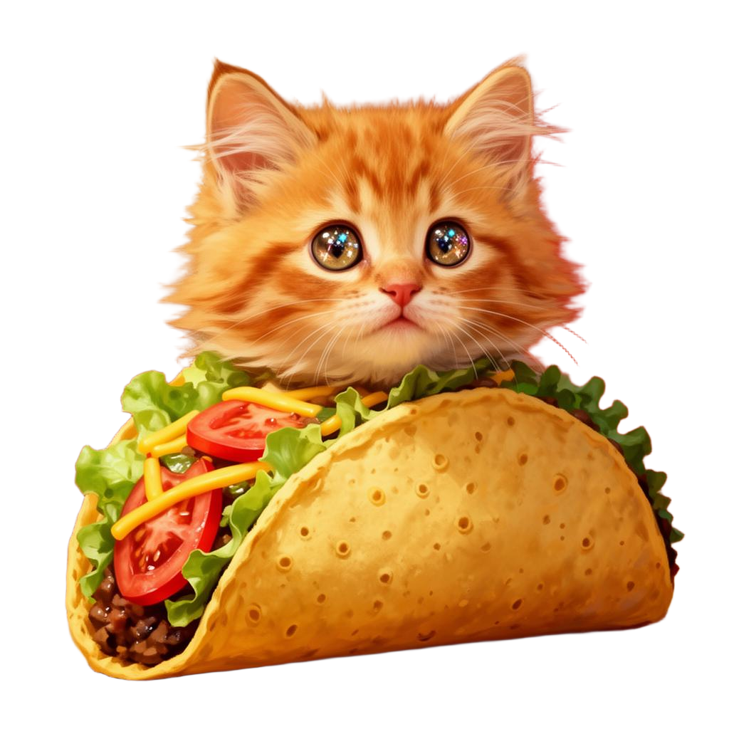 TacoCat emerging from a taco shell